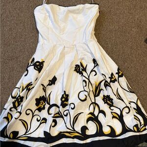 OC by Oleg Cassini Strapless White Dress with Black and Yellow Floral Design